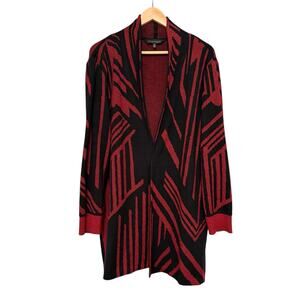 Ming Wang Red Black Geometric Knit Sweater Jacket Large Open Front Long Cardigan